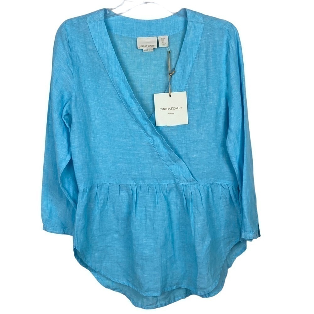 Cynthia Rowley linen costal blue pullover relaxed fit minimalist resort travel‎